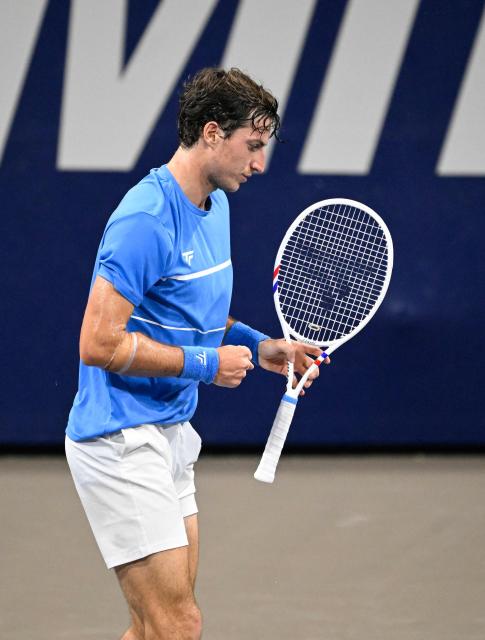 Russia's Alibek Kachmazov reacts after a point against Argentina's Juan Pablo Ficovich during their Mexico ATP Open men's singles tennis match at the Cabo Sports Complex in Los Cabos, Baja California, Mexico on July 14, 2025. (Photo by Alfredo ESTRELLA / AFP)