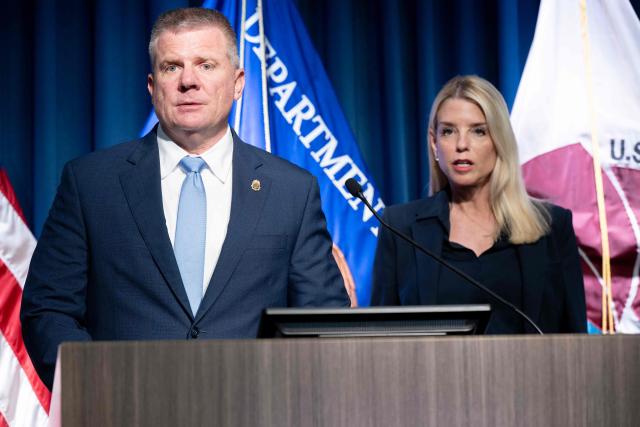 US Attorney General Pam Bondi and acting DEA Administrator Robert Murphy (L) speak about recent drug enforcement actions during a news conference at the Drug Enforcement Administration (DEA) headquarters in Arlington, Virginia, on July 15, 2025. (Photo by SAUL LOEB / AFP)
