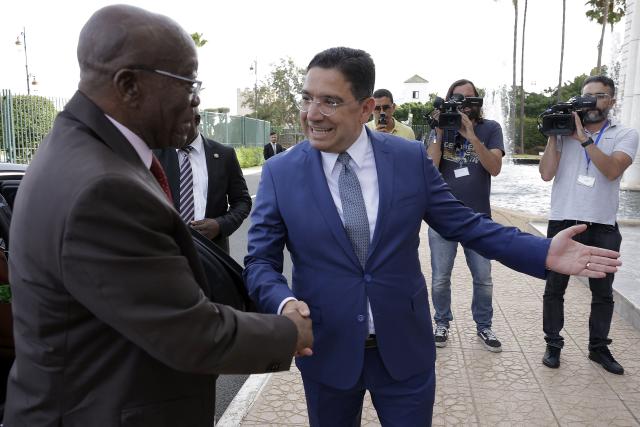 Morocco's Foreign Minister Nasser Bourita receives South Africa's former president Jacob Zuma in Rabat on July 15, 2025. (Photo by Abdel Majid BZIOUAT / AFP)