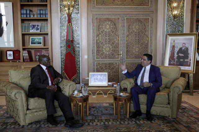 Morocco's Foreign Minister Nasser Bourita receives South Africa's former president Jacob Zuma in Rabat on July 15, 2025. (Photo by Abdel Majid BZIOUAT / AFP)
