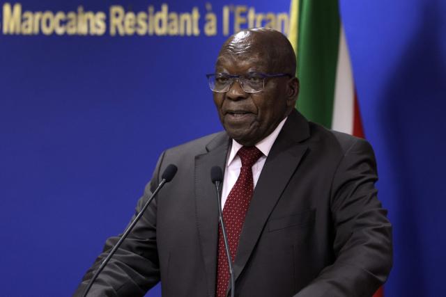 South Africa's former president Jacob Zuma gives a statement after his meeting with Morocco's Foreign Minister in Rabat on July 15, 2025. (Photo by Abdel Majid BZIOUAT / AFP)
