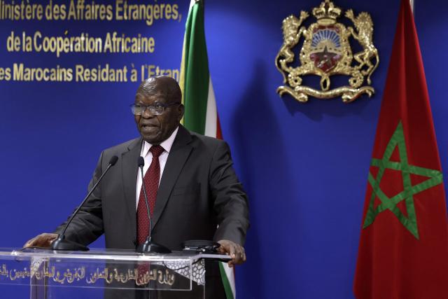 South Africa's former president Jacob Zuma gives a statement after his meeting with Morocco's Foreign Minister in Rabat on July 15, 2025. (Photo by Abdel Majid BZIOUAT / AFP)