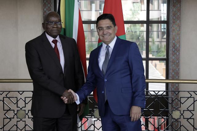 Morocco's Foreign Minister Nasser Bourita receives South Africa's former president Jacob Zuma in Rabat on July 15, 2025. (Photo by Abdel Majid BZIOUAT / AFP)