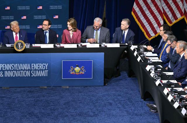US President Donald Trump (L) speaks at the Pennsylvania Energy and Innovation Summit on the campus of Carnegie Mellon University in Pittsburgh, Pennsylvania on July 15, 2025. (Photo by ANDREW CABALLERO-REYNOLDS / AFP)