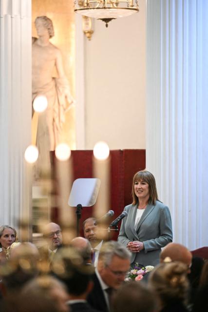 Britain's Chancellor of the Exchequer Rachel Reeves delivers her keynote speech during the Financial and Professional Services Dinner, hosted by the Lord Mayor of the City London, at Mansion House, in the City of London, on July 15, 2025. (Photo by JUSTIN TALLIS / AFP)
