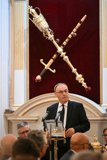 Bank of England Governor Andrew Bailey delivers a speech during the Financial and Professional Services Dinner, hosted by the Lord Mayor of the City London, at Mansion House, in the City of London, on July 15, 2025. (Photo by JUSTIN TALLIS / AFP)
