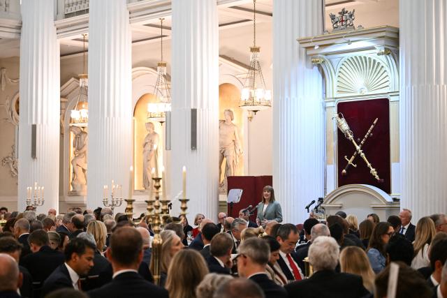 Britain's Chancellor of the Exchequer Rachel Reeves delivers her keynote speech during the Financial and Professional Services Dinner, hosted by the Lord Mayor of the City London, at Mansion House, in the City of London, on July 15, 2025. (Photo by JUSTIN TALLIS / AFP)