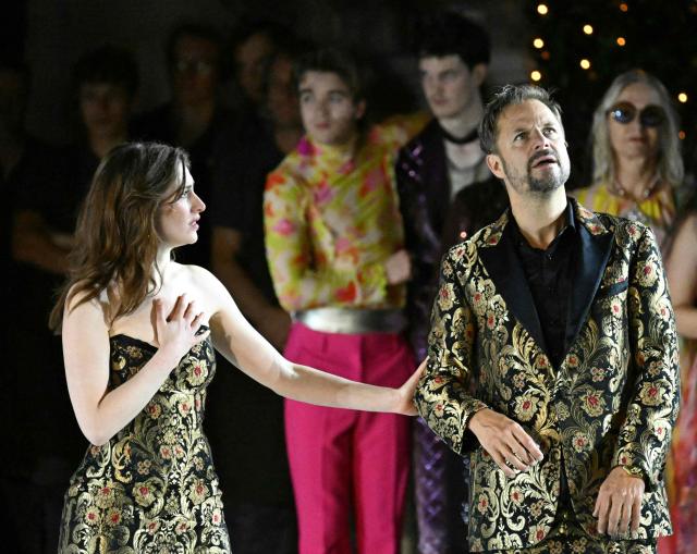 Deleila Piasko (L) and Philipp Hochmair perform during the photo rehearsal of the play "Jedermann", at the Salzburg Festival, at Domplatz in Salzburg on July 15, 2025. (Photo by BARBARA GINDL / APA / AFP) / Austria OUT