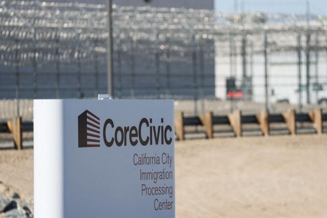 The CoreCivic, Inc. California City Immigration Processing Center stands in the Kern County desert awaiting reopening as a federal immigrant detention facility under contract with the US Immigration and Customs Enforcement (ICE) in California City, California on July 10, 2025. (Photo by Patrick T. Fallon / AFP)