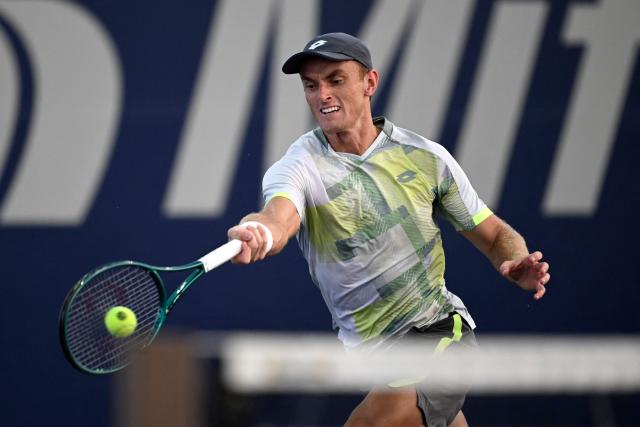 Australia's Tristan Schoolkate returns the ball to China's Yibing Wu during the Mexico ATP Open men's singles tennis match at the Cabo Sports Complex in Los Cabos, Baja California, Mexico on July 15, 2025. (Photo by Alfredo ESTRELLA / AFP)