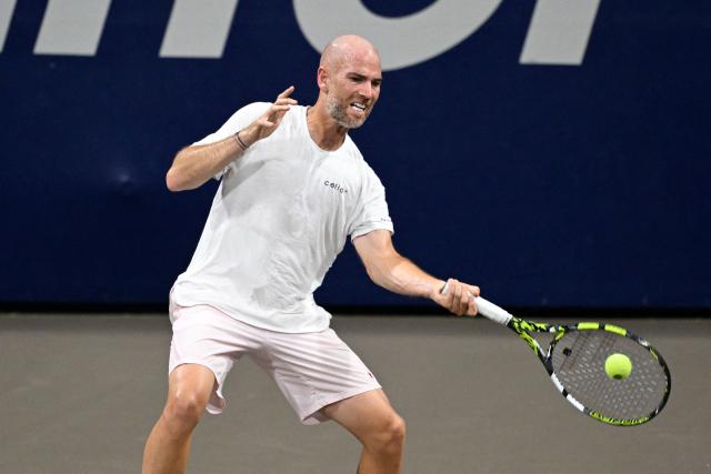 France's Adrian Mannarino returns the ball to Australia's James Duckworth during the Mexico ATP Open men's singles tennis match at the Cabo Sports Complex in Los Cabos, Baja California, Mexico on July 15, 2025. (Photo by Alfredo ESTRELLA / AFP)