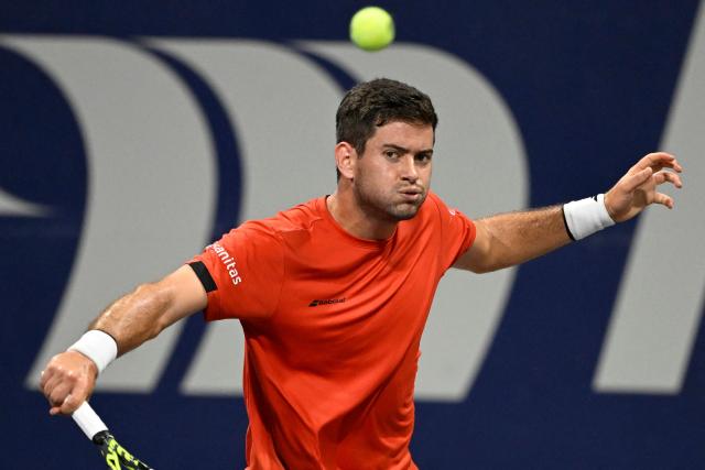 Colombia's Nicolas Mejia returns the ball to US' Nishesh Basavareddy during the Mexico ATP Open men's singles tennis match at the Cabo Sports Complex in Los Cabos, Baja California, Mexico on July 15, 2025. (Photo by Alfredo ESTRELLA / AFP)