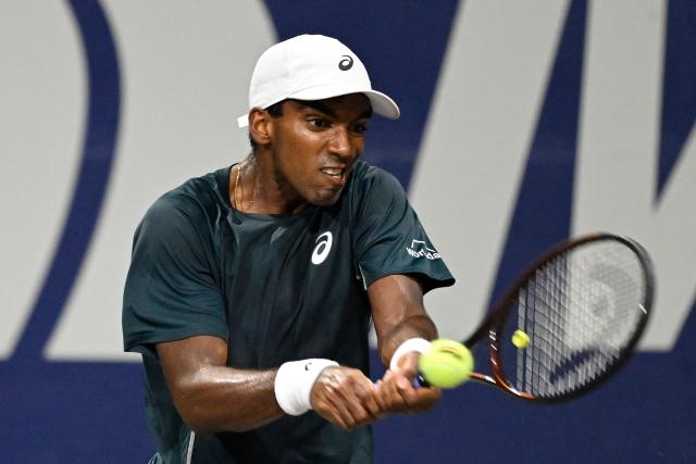 US' Nishesh Basavareddy returns the ball to Colombia's Nicolas Mejia during the Mexico ATP Open men's singles tennis match at the Cabo Sports Complex in Los Cabos, Baja California, Mexico on July 15, 2025. (Photo by Alfredo ESTRELLA / AFP)