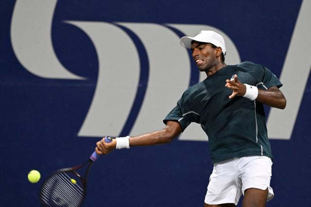 US' Nishesh Basavareddy returns the ball to Colombia's Nicolas Mejia during the Mexico ATP Open men's singles tennis match at the Cabo Sports Complex in Los Cabos, Baja California, Mexico on July 15, 2025. (Photo by Alfredo ESTRELLA / AFP)