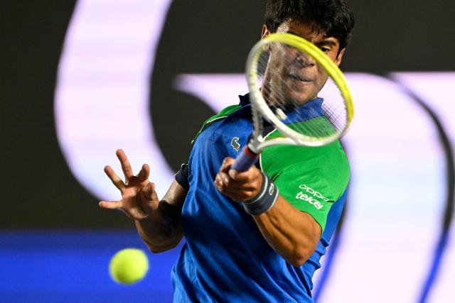 Mexico's Rodrigo Pacheco returns the ball to Australia's Adam Walton during the Mexico ATP Open men's singles tennis match at the Cabo Sports Complex in Los Cabos, Baja California, Mexico on July 15, 2025. (Photo by Alfredo ESTRELLA / AFP)