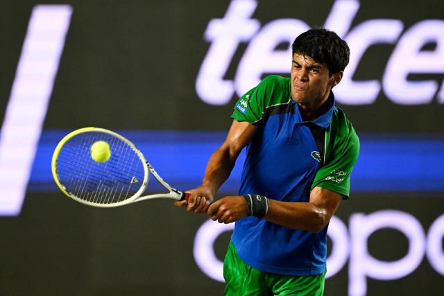 Mexico's Rodrigo Pacheco returns the ball to Australia's Adam Walton during the Mexico ATP Open men's singles tennis match at the Cabo Sports Complex in Los Cabos, Baja California, Mexico on July 15, 2025. (Photo by Alfredo ESTRELLA / AFP)