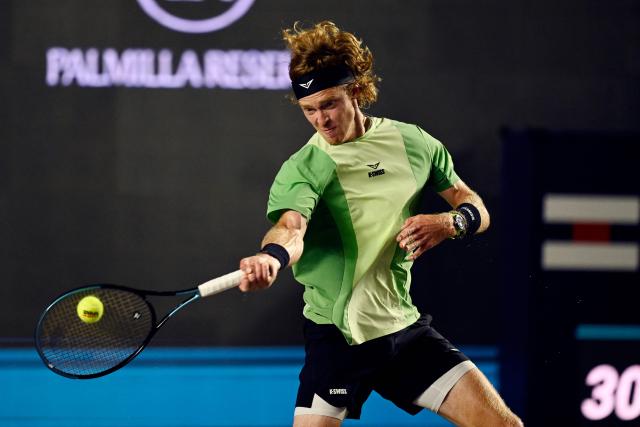 Russia's Andrey Rublev returns the ball to Mexico's Alex Hernandez during the Mexico ATP Open men's singles tennis match at the Cabo Sports Complex in Los Cabos, Baja California, Mexico on July 16, 2025. (Photo by Alfredo ESTRELLA / AFP)