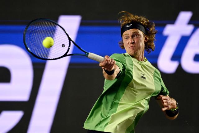 Russia's Andrey Rublev returns the ball to Mexico's Alex Hernandez during the Mexico ATP Open men's singles tennis match at the Cabo Sports Complex in Los Cabos, Baja California, Mexico on July 16, 2025. (Photo by Alfredo ESTRELLA / AFP)