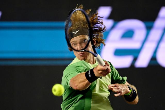 Russia's Andrey Rublev returns the ball to Mexico's Alex Hernandez during the Mexico ATP Open men's singles tennis match at the Cabo Sports Complex in Los Cabos, Baja California, Mexico on July 16, 2025. (Photo by Alfredo ESTRELLA / AFP)