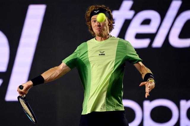Russia's Andrey Rublev returns the ball to Mexico's Alex Hernandez during the Mexico ATP Open men's singles tennis match at the Cabo Sports Complex in Los Cabos, Baja California, Mexico on July 16, 2025. (Photo by Alfredo ESTRELLA / AFP)