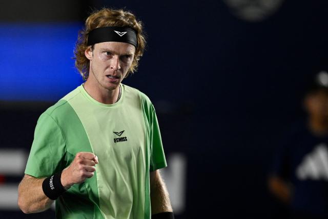 Russia's Andrey Rublev reacts after winning the first set against Mexico's Alex Hernandez during the Mexico ATP Open men's singles tennis match at the Cabo Sports Complex in Los Cabos, Baja California, Mexico on July 16, 2025. (Photo by Alfredo ESTRELLA / AFP)