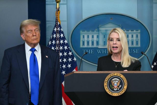 (FILES) US Attorney General Pam Bondi (R) speaks during a news conference with President Donald Trump in the Brady Briefing Room of the White House on June 27, 2025, in Washington, DC. President Donald Trump attempted on July 18, 2025 to control the storm triggered by a bombshell report on his friendship with Jeffrey Epstein, ordering the Justice Department to seek the release of testimony from the prosecution of the late, alleged sex-trafficker-to-the-famous. (Photo by ANDREW CABALLERO-REYNOLDS / AFP)