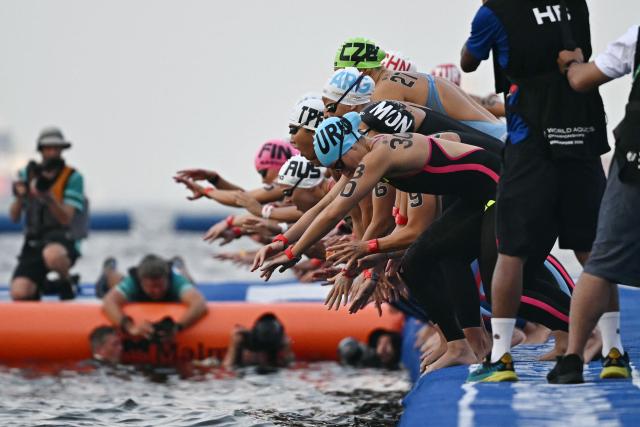 CORRECTION / Swimmers dive into the water to start the women's 3km knockout sprint open water swimming event during the 2025 World Aquatics Championships at Sentosa Island in Singapore on July 19, 2025. (Photo by Manan VATSYAYANA / AFP) / “The erroneous mention[s] appearing in the metadata of this photo by Manan VATSYAYANA has been modified in AFP systems in the following manner: [the women's 3km knockout sprint open water swimming event] instead of [the final of the women's 3km sprint open water swimming event]. Please immediately remove the erroneous mention[s] from all your online services and delete it (them) from your servers. If you have been authorized by AFP to distribute it (them) to third parties, please ensure that the same actions are carried out by them. Failure to promptly comply with these instructions will entail liability on your part for any continued or post notification usage. Therefore we thank you very much for all your attention and prompt action. We are sorry for the inconvenience this notification may cause and remain at your disposal for any further information you may require.”