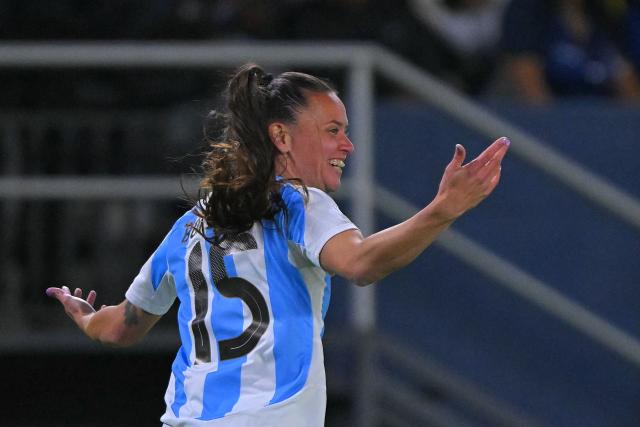 Argentina's defender #15 Maria Bonsegundo celebrates  scoring her team's second goal during the Women's Copa America 2025 football match between Ecuador and Argentina at the IDV stadium in Quito on July 24, 2025. (Photo by Rodrigo BUENDIA / AFP)
