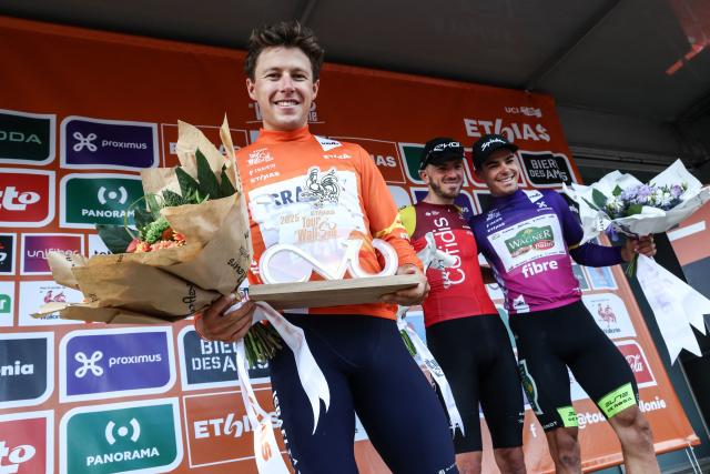 Israel-Premier Tech's New Zealander rider an overall leader Corbin John Strong celebrates his victory after the fifth and final stage of the Tour De Wallonie cycling race, from and back of Bertrix (183,3 km), on July 30, 2025. (Photo by BRUNO FAHY / Belga / AFP) / Belgium OUT