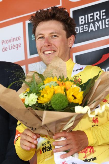 Israel-Premier Tech's New Zealander rider an overall leader Corbin John Strong celebrates his victory after the fifth and final stage of the Tour De Wallonie cycling race, from and back of Bertrix (183,3 km), on July 30, 2025. (Photo by BRUNO FAHY / Belga / AFP) / Belgium OUT