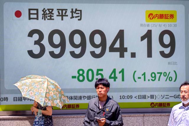 Pedestrians stand in front of an electronic quotation board displaying the Nikkei average below 40,000 yen on the Tokyo Stock Exchange in Tokyo on August 4, 2025. (Photo by Kazuhiro NOGI / AFP)