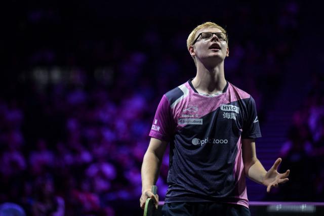 France's Felix Lebrun reacts after losing a point against South Korea's An Jae-hyun during their round-of-16 men's singles match at the WTT Champions Yokohama 2025 table tennis tournament in Yokohama, Kanagawa prefecture, south of Tokyo on August 9, 2025. (Photo by Richard A. Brooks / AFP)