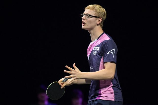 France's Felix Lebrun reacts after losing a point against South Korea's An Jae-hyun during their round-of-16 men's singles match at the WTT Champions Yokohama 2025 table tennis tournament in Yokohama, Kanagawa prefecture, south of Tokyo on August 9, 2025. (Photo by Richard A. Brooks / AFP)