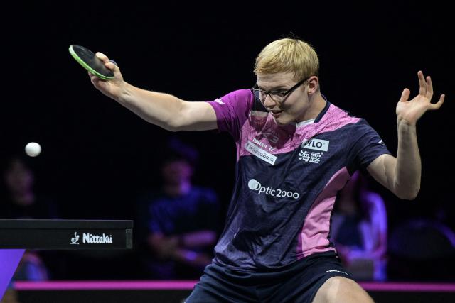 France's Felix Lebrun hits a return against South Korea's An Jae-hyun during their round-of-16 men's singles match at the WTT Champions Yokohama 2025 table tennis tournament in Yokohama, Kanagawa prefecture, south of Tokyo on August 9, 2025. (Photo by Richard A. Brooks / AFP)