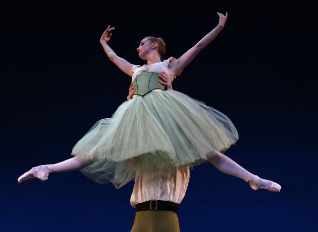 Emma Von Enck, principal dancer with New York City Ballet, and David Gabriel, soloist with the company, perform "Four Bagatelles" during a dress rehearsal for the Ballet Festival: Jerome Robbins, curated by Tiler Peck, at the Joyce Theater in New York on August 12, 2025. (Photo by TIMOTHY A. CLARY / AFP)