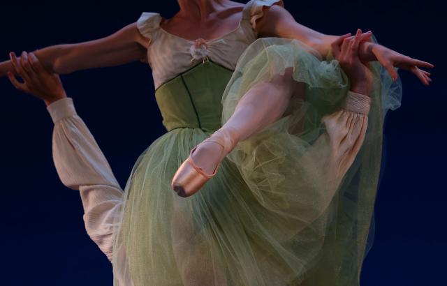 Emma Von Enck, principal dancer with New York City Ballet, and David Gabriel, soloist with the company, perform "Four Bagatelles" during a dress rehearsal for the Ballet Festival: Jerome Robbins, curated by Tiler Peck, at the Joyce Theater in New York on August 12, 2025. (Photo by TIMOTHY A. CLARY / AFP)