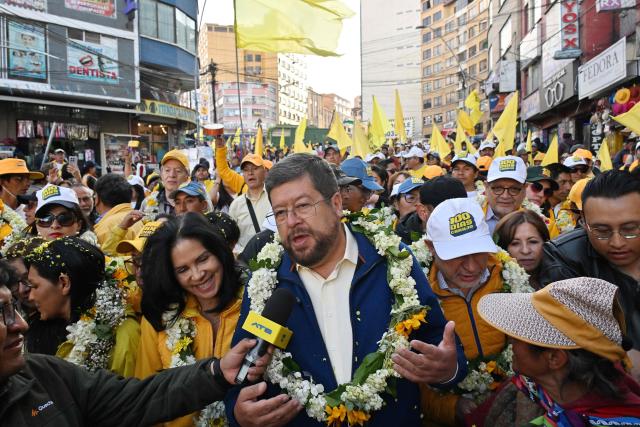 Bolivia's presidential candidate for the Alianza Unidad coalition, Samuel Doria Medina, speaks to the press during a campaign rally in La Paz on August 12, 2025. Bolivia will hold presidential election on August 17, 2025. (Photo by AIZAR RALDES / AFP)