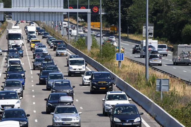 (FILES) Cars are stuck in the traffic on the French highway A63 outside Bordeaux on August 3, 2019, during French annual summer holidays. The French Gendarmerie seized 1.3 tonnes of cocaine, with an estimated street value of tens of millions of euros, from a truck arriving from Spain on August 10, 2025, south of Bordeaux, the Bordeaux public prosecutor's office announced on Thursday. (Photo by MEHDI FEDOUACH / AFP)