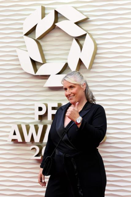 USA's English coach Emma Hayes poses upon arrival to attend the 2024-2025 Professional Footballers' Association (PFA) awards, at the Opera House in Manchester, northern England, on August 19, 2025. (Photo by Darren Staples / AFP)