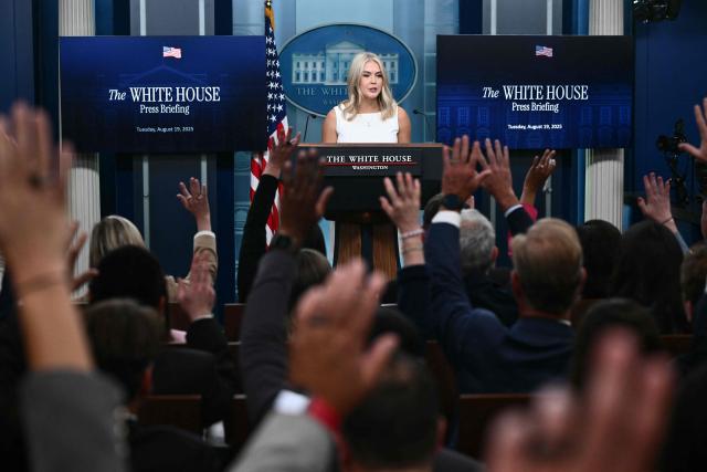 Reporters raise their hands to ask question as White House Press Secretary Karoline Leavitt speaks during the daily briefing in the Brady Briefing Room of the White House in Washington, DC, on August 19, 2025. (Photo by Mandel NGAN / AFP)