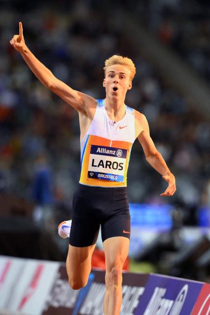 Netherlands' Niels Laros celebrates as he crosses the line to win the Men's 1500m event of the Diamond League athletics meeting at the King Baudouin Stadium in Brussels on August 22, 2025. (Photo by JOHN THYS / AFP)