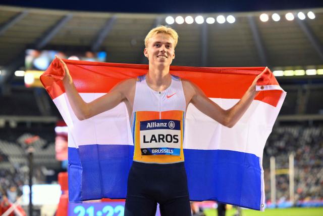 Netherlands' Niels Laros celebrates after winning the Men's 1500m event of the Diamond League athletics meeting at the King Baudouin Stadium in Brussels on August 22, 2025. (Photo by JOHN THYS / AFP)