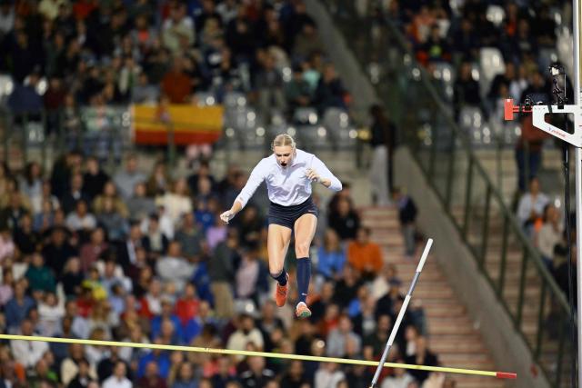 US' Katie Moon reacts as she competes in the Women's Pole Vault event of the Diamond League athletics meeting at the King Baudouin Stadium in Brussels on August 22, 2025. (Photo by NICOLAS TUCAT / AFP)