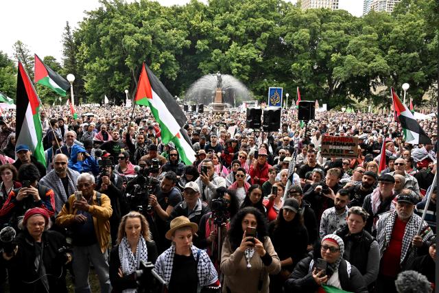 Demonstrators gather at Hyde Park for a pro-Palestinian rally against Israel's actions and ongoing food shortages in the Gaza Strip, which the UN officially declared a famine on August 22, during a protest in Sydney's central business district on August 24, 2025. (Photo by Saeed KHAN / AFP)