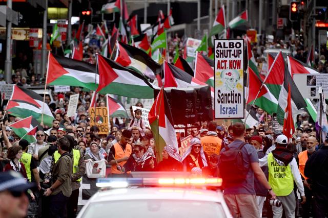 Demonstrators take part in a pro-Palestinian rally against Israel's actions and ongoing food shortages in the Gaza Strip, which the UN officially declared a famine on August 22, during a protest in Sydney's central business district on August 24, 2025. (Photo by Saeed KHAN / AFP)