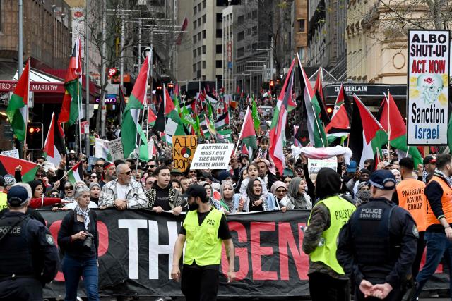 Demonstrators take part in a pro-Palestinian rally against Israel's actions and ongoing food shortages in the Gaza Strip, which the UN officially declared a famine on August 22, during a protest in Sydney's central business district on August 24, 2025. (Photo by Saeed KHAN / AFP)
