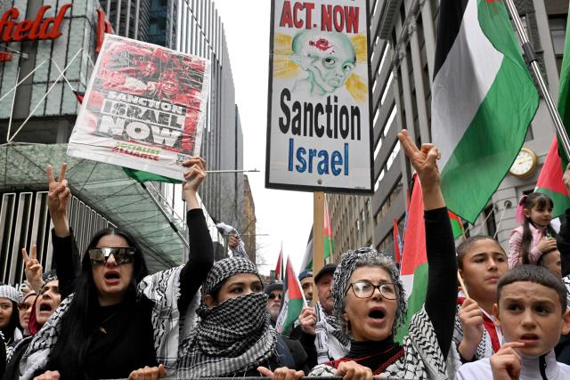 Demonstrators take part in a pro-Palestinian rally against Israel's actions and ongoing food shortages in the Gaza Strip, which the UN officially declared a famine on August 22, during a protest in Sydney's central business district on August 24, 2025. (Photo by Saeed KHAN / AFP)