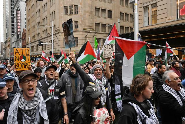 Demonstrators take part in a pro-Palestinian rally against Israel's actions and ongoing food shortages in the Gaza Strip, which the UN officially declared a famine on August 22, during a protest in Sydney's central business district on August 24, 2025. (Photo by Saeed KHAN / AFP)