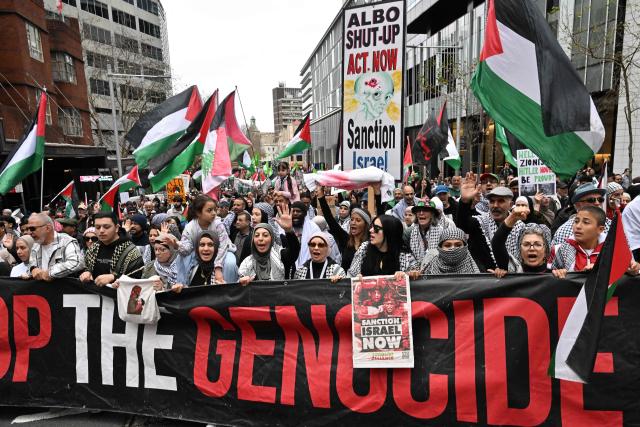Demonstrators take part in a pro-Palestinian rally against Israel's actions and ongoing food shortages in the Gaza Strip, which the UN officially declared a famine on August 22, during a protest in Sydney's central business district on August 24, 2025. (Photo by Saeed KHAN / AFP)