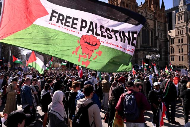 Demonstrators take part in a pro-Palestinian rally against Israel's actions and ongoing food shortages in the Gaza Strip, which the UN officially declared a famine on August 22, during a protest in Melbourne on August 24, 2025. (Photo by William WEST / AFP)